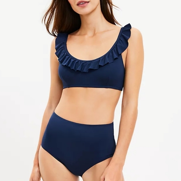 NEW! ANN TAYLOR LOFT Navy Ruffle 2-Piece High Waisted Bikini Swimsuit.